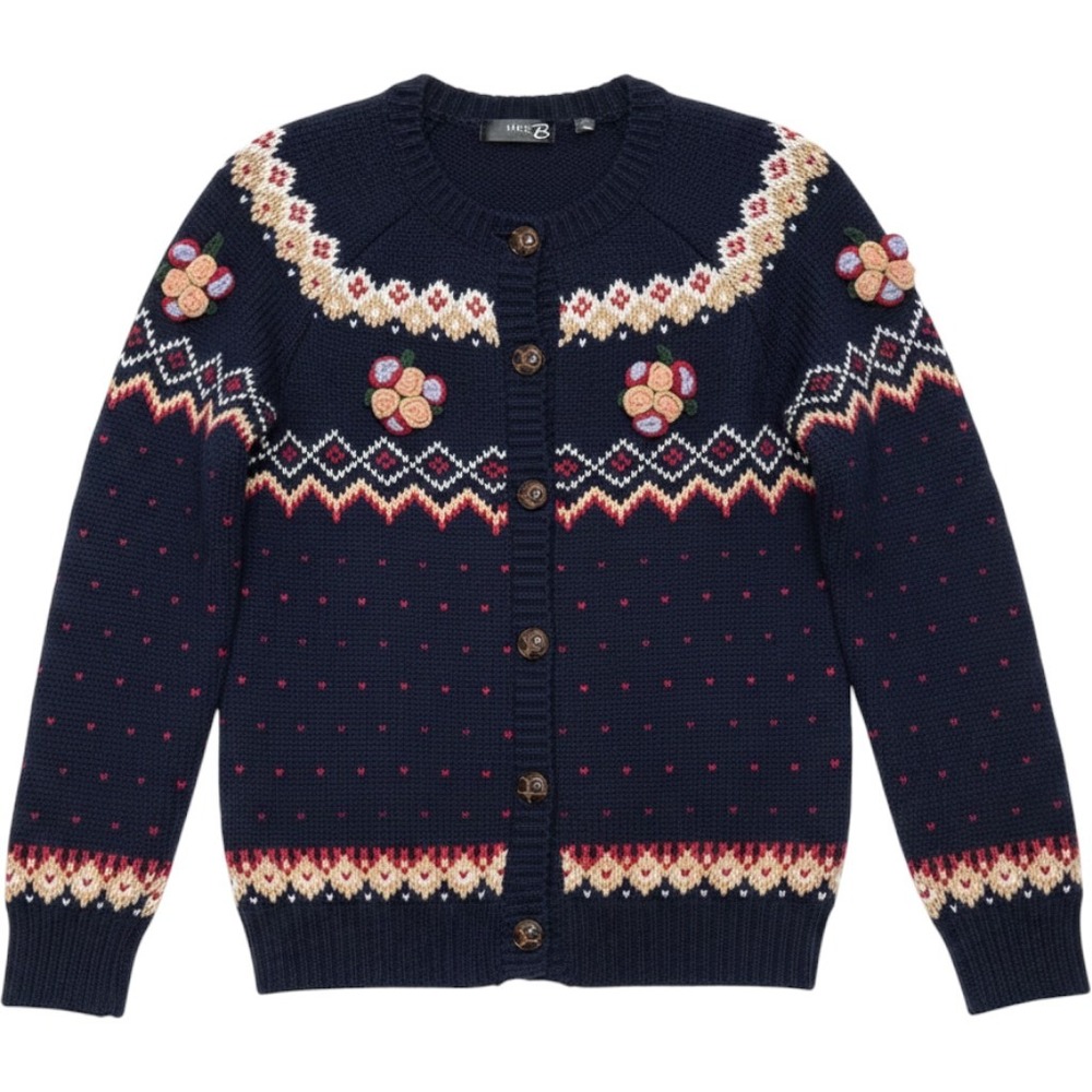 MAK B‎ Navy Blue fair isle Knit Cardigan sweater Floral Embroidery Vintage Style